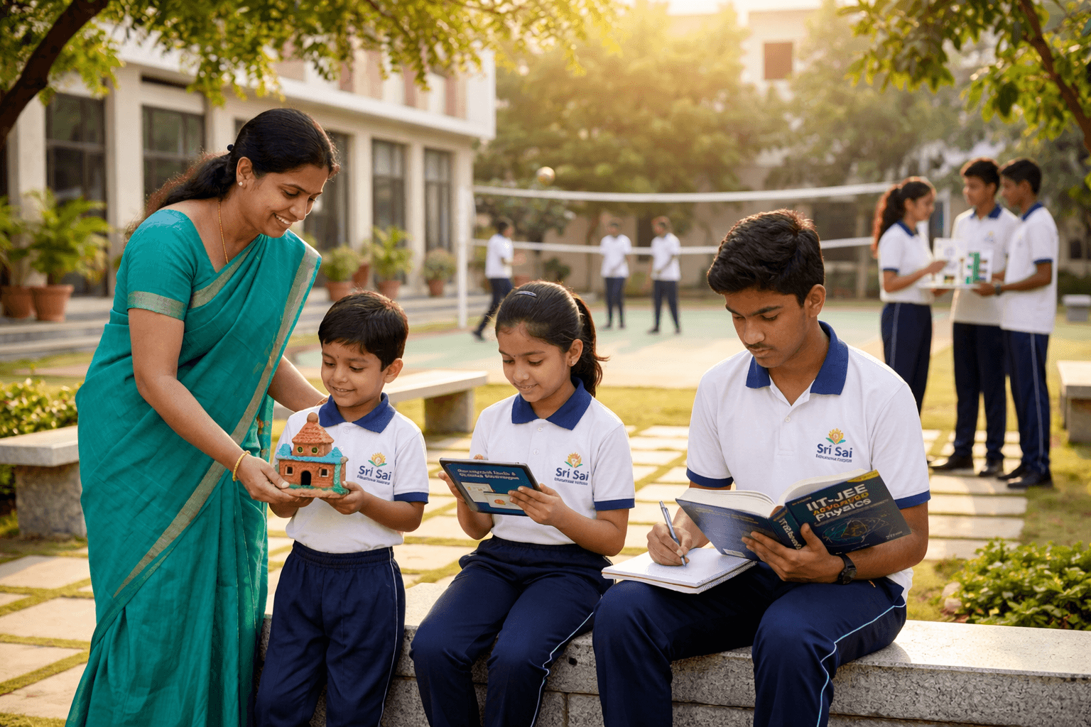 Teacher guiding students on campus